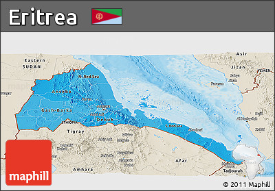 Political Shades Panoramic Map of Eritrea, shaded relief outside, bathymetry sea
