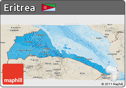 Political Shades Panoramic Map of Eritrea, shaded relief outside, bathymetry sea