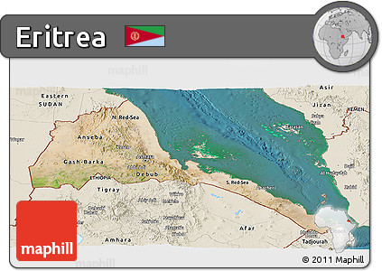 Satellite Panoramic Map of Eritrea, shaded relief outside, satellite sea