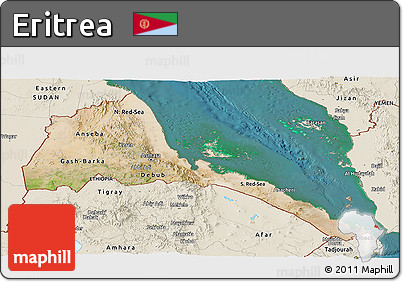 Satellite Panoramic Map of Eritrea, shaded relief outside, satellite sea