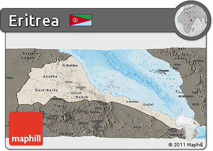 Shaded Relief Panoramic Map of Eritrea, darken, land only
