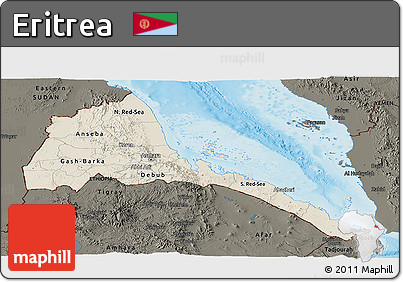 Shaded Relief Panoramic Map of Eritrea, darken, land only