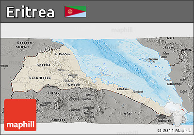 Shaded Relief Panoramic Map of Eritrea, darken, semi-desaturated, land only