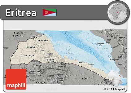 Shaded Relief Panoramic Map of Eritrea, darken, semi-desaturated, land only