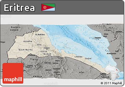 Shaded Relief Panoramic Map of Eritrea, darken, semi-desaturated, land only