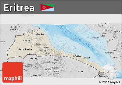 Shaded Relief Panoramic Map of Eritrea, desaturated, land only