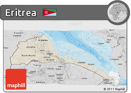 Shaded Relief Panoramic Map of Eritrea, desaturated, land only