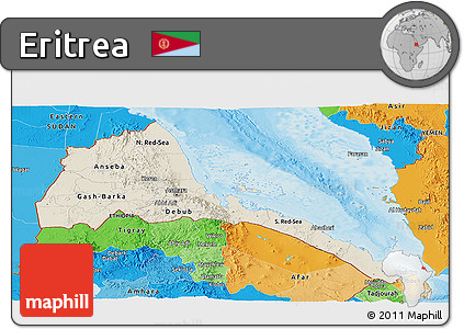 Shaded Relief Panoramic Map of Eritrea, political outside