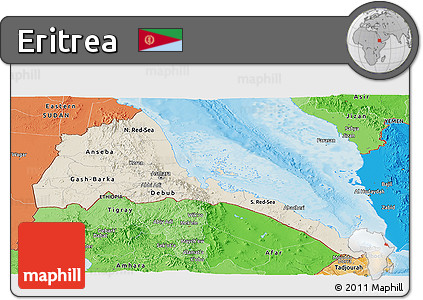 Shaded Relief Panoramic Map of Eritrea, political shades outside