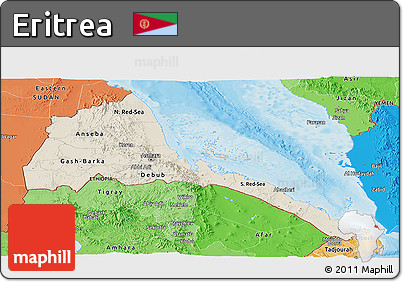 Shaded Relief Panoramic Map of Eritrea, political shades outside