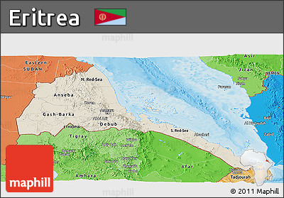 Shaded Relief Panoramic Map of Eritrea, political shades outside