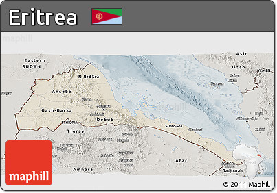 Shaded Relief Panoramic Map of Eritrea, semi-desaturated
