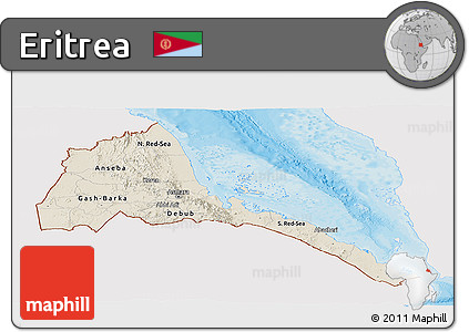 Shaded Relief Panoramic Map of Eritrea, single color outside, bathymetry sea, shaded relief sea