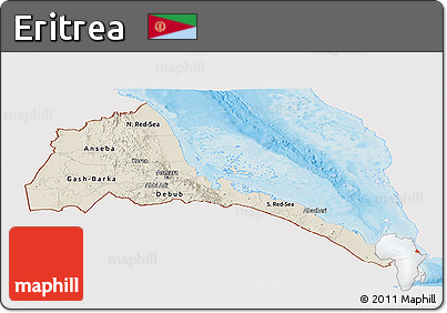 Shaded Relief Panoramic Map of Eritrea, single color outside, bathymetry sea, shaded relief sea