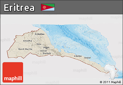 Shaded Relief Panoramic Map of Eritrea, single color outside, bathymetry sea, shaded relief sea