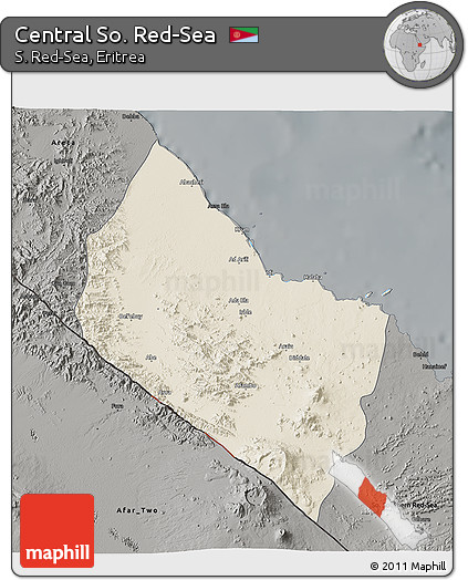 Shaded Relief 3D Map of Central So. Red-Sea, darken, semi-desaturated