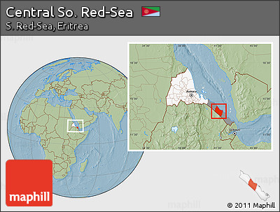 Savanna Style Location Map of Central So. Red-Sea, highlighted country, highlighted parent region, within the entire country, hill shading