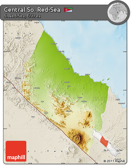 Physical Map of Central So. Red-Sea, shaded relief outside