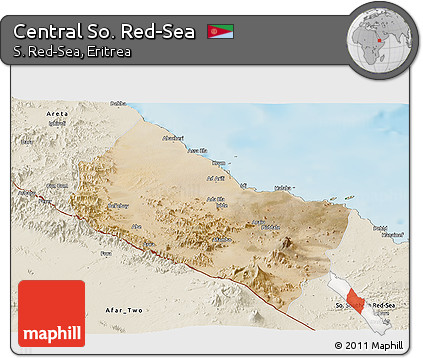 Satellite Panoramic Map of Central So. Red-Sea, shaded relief outside