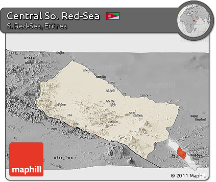 Shaded Relief Panoramic Map of Central So. Red-Sea, darken, desaturated