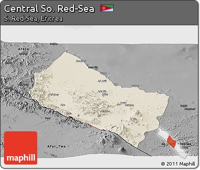 Shaded Relief Panoramic Map of Central So. Red-Sea, darken, desaturated