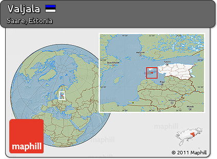 Savanna Style Location Map of Valjala, highlighted country, highlighted parent region, hill shading