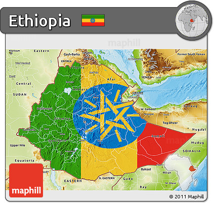 Flag 3D Map of Ethiopia, physical outside, bathymetry sea, flag aligned to the middle