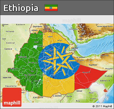 Flag 3D Map of Ethiopia, physical outside, bathymetry sea, flag aligned to the middle