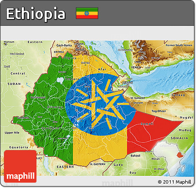 Flag 3D Map of Ethiopia, physical outside, bathymetry sea, flag aligned to the middle