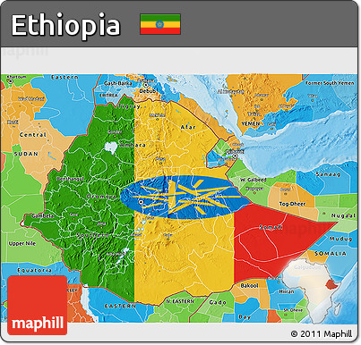 Flag 3D Map of Ethiopia, political outside, flag rotated