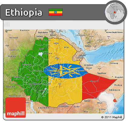 Flag 3D Map of Ethiopia, satellite outside, bathymetry sea, flag rotated