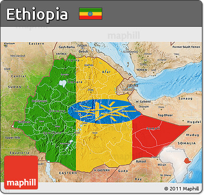 Flag 3D Map of Ethiopia, satellite outside, bathymetry sea, flag rotated