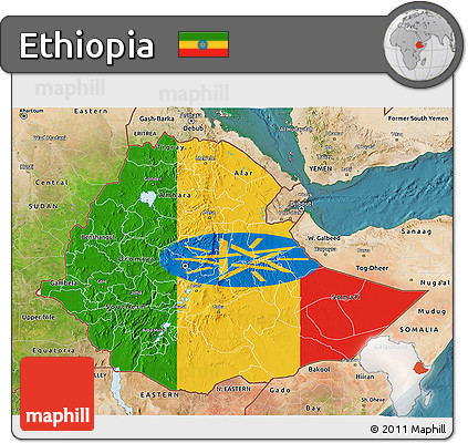 Flag 3D Map of Ethiopia, satellite outside, flag rotated