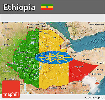 Flag 3D Map of Ethiopia, satellite outside, flag rotated