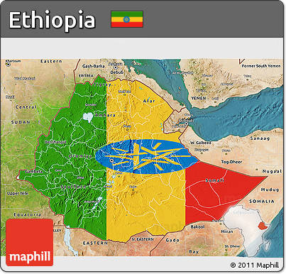 Flag 3D Map of Ethiopia, satellite outside, flag rotated