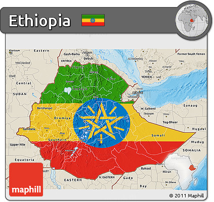 Flag 3D Map of Ethiopia, shaded relief outside, bathymetry sea, flag centered