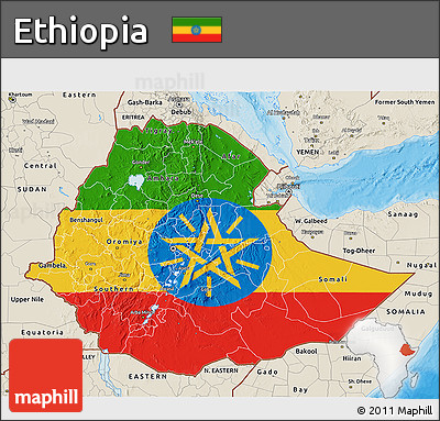 Flag 3D Map of Ethiopia, shaded relief outside, bathymetry sea, flag centered