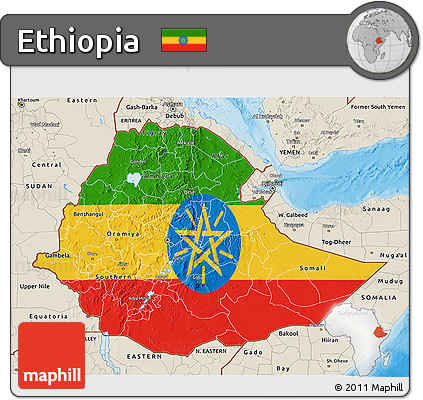 Flag 3D Map of Ethiopia, shaded relief outside, bathymetry sea
