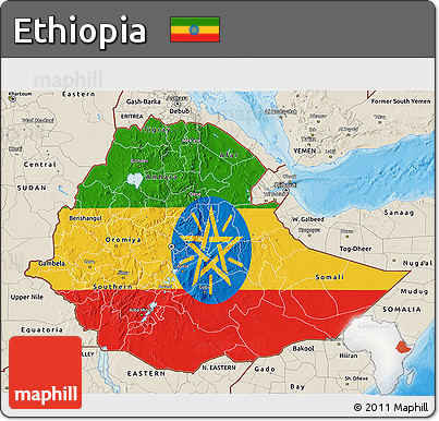 Flag 3D Map of Ethiopia, shaded relief outside, bathymetry sea