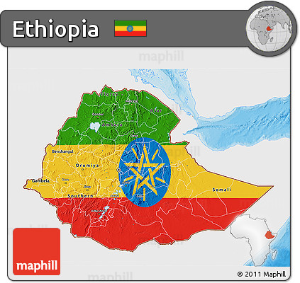 Flag 3D Map of Ethiopia, single color outside, bathymetry sea, shaded relief sea