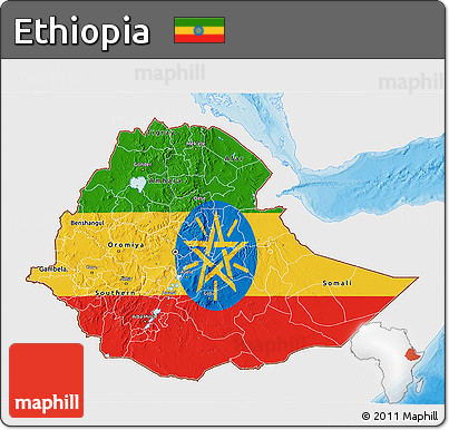 Flag 3D Map of Ethiopia, single color outside, bathymetry sea, shaded relief sea