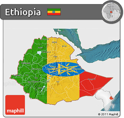 Flag 3D Map of Ethiopia, single color outside, satellite sea, flag rotated