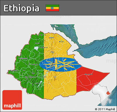 Flag 3D Map of Ethiopia, single color outside, satellite sea, flag rotated