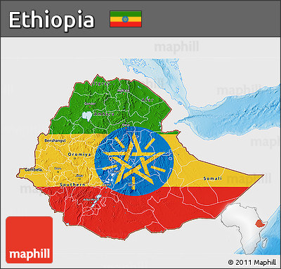 Flag 3D Map of Ethiopia, single color outside, shaded relief sea, flag centered