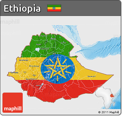 Flag 3D Map of Ethiopia, single color outside, shaded relief sea, flag centered