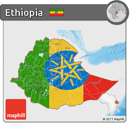 Flag 3D Map of Ethiopia, single color outside, shaded relief sea, flag aligned to the middle
