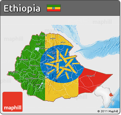 Flag 3D Map of Ethiopia, single color outside, shaded relief sea, flag aligned to the middle
