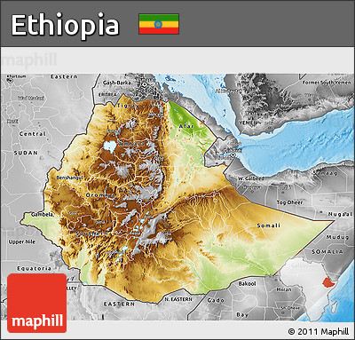 Physical 3D Map of Ethiopia, desaturated, land only