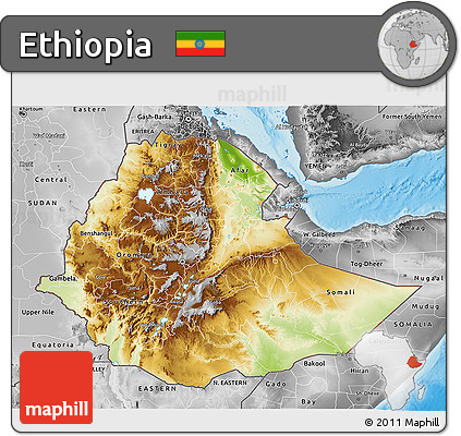 Physical 3D Map of Ethiopia, desaturated, land only