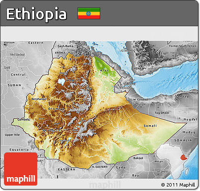 Physical 3D Map of Ethiopia, desaturated, land only